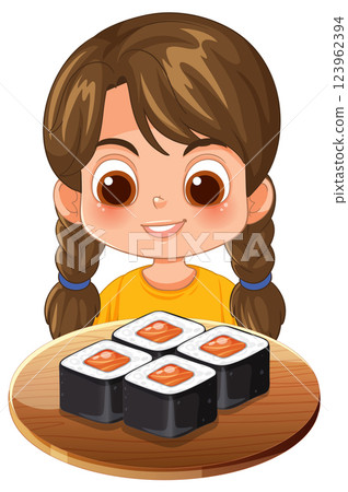 Happy Girl Enjoying Sushi Platter Happy Girl Enjoying Sushi Platter 123962394