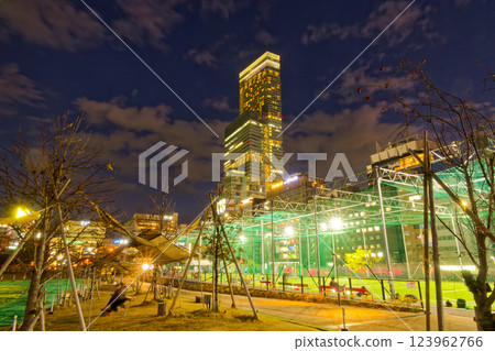 Night view of Abeno Harukas from Tennoji Park, Osaka 123962766