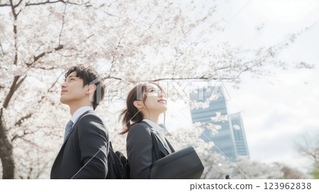 櫻花盛開的天空下充滿希望的新步伐 123962838