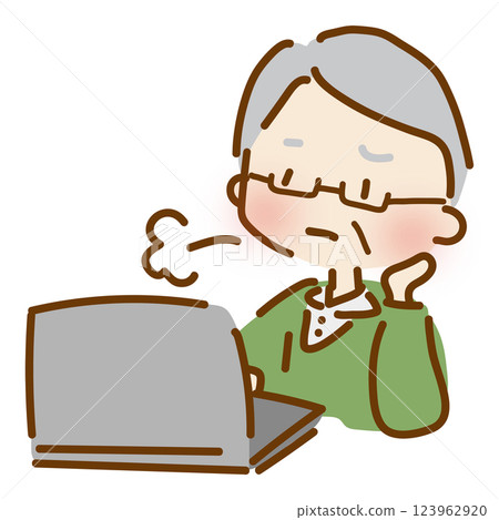 An old man sighing while operating a computer An old man sighing while operating a computer 123962920