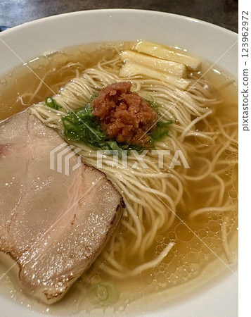 Delicious Onomichi ramen topped with plum 123962972
