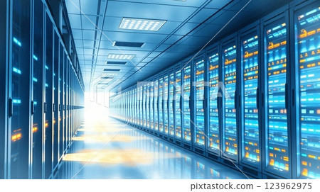 Futuristic Data Center with Glowing LED Server Racks 123962975