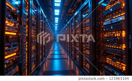 Futuristic Data Center with Glowing LED Server Racks 123963104