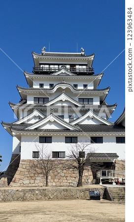 The castle tower of Fukuyama Castle, shining against the clear blue sky The castle tower of Fukuyama Castle, shining against the clear blue sky 123963484