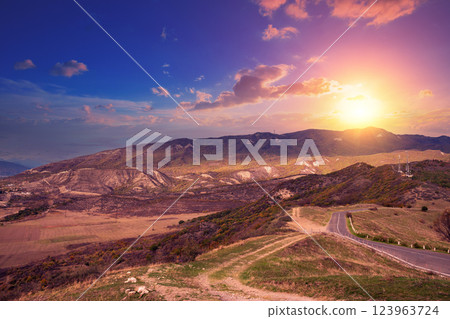 Evening panoramic view of the Mtskheta area from Jvari monastery. Georgia. Europe 123963724