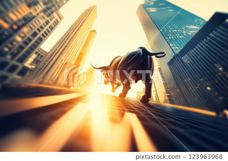 Bull Statue Symbolizing Financial Growth in Urban Landscape 123963968