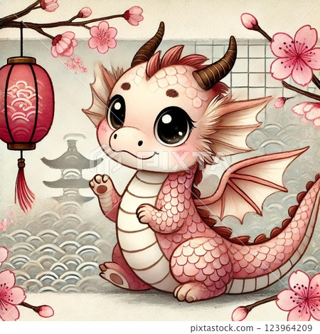 Adorable Chinese zodiac dragon and Japanese spring scenery 123964209