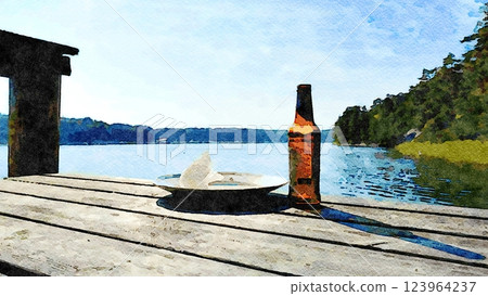 An empty beer bottle and an empty plate on a table at the dock. 123964237