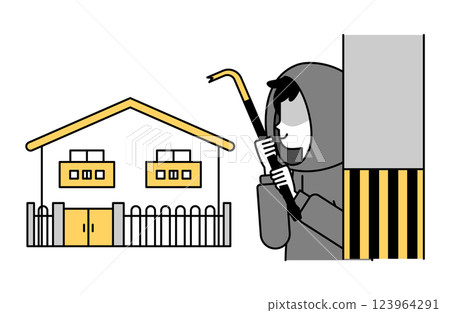 Vector illustration of a criminal trying to rob a house with a crowbar. Monochrome, simple 123964291