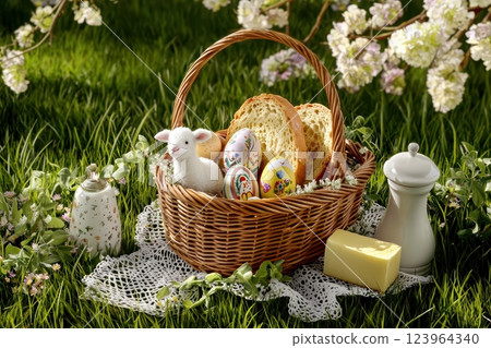 Easter Basket filled with Delicious Treats and Beautiful Flowers in a Springtime Garden 123964340