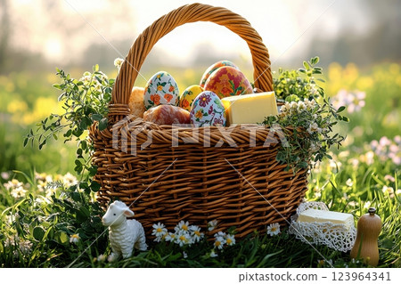 Easter Basket filled with Colorful Eggs and Lovely Spring Flowers in a festive display 123964341