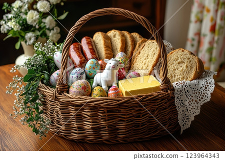 Easter Basket filled with Colorful Eggs and Delicious Treats for the festive holiday celebration 123964343