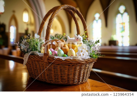 Easter Basket beautifully adorned with Colorful Eggs and Decorative Elements in a Church setting 123964354