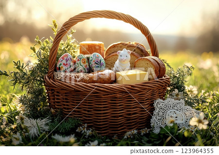 Delightful and Charming Picnic Basket Filled with Colorful Easter Treats and a Scenic Background Delightful and Charming Picnic Basket Filled with Colorful Easter Treats and a Scenic Background 123964355