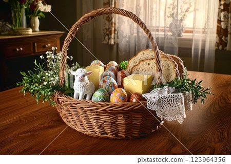 Create a Cozy Easter Basket filled with Delicious Cheese and Fresh Breads for the celebration Create a Cozy Easter Basket filled with Delicious Cheese and Fresh Breads for the celebration 123964356