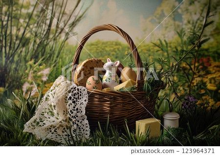 Charming and delightful Easter Basket adorned with Decorative Eggs and Toys in a Nature Setting 123964371