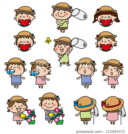 暑假一組戴著草帽的孩子們 暑假一組戴著草帽的孩子們 123964372