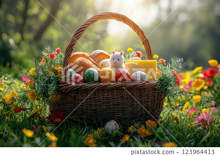 An Easter Basket filled with colorful eggs and flowers, placed in a lovely spring garden 123964413