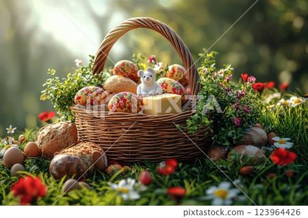 A Vibrant and Colorful Easter Basket Filled with Eggs and Lovely Flowers in a Spring Setting 123964426