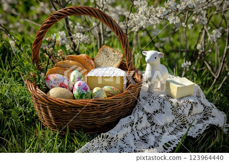 A delightful Easter Basket with cheese and decorated eggs, showcasing the joy of spring 123964440