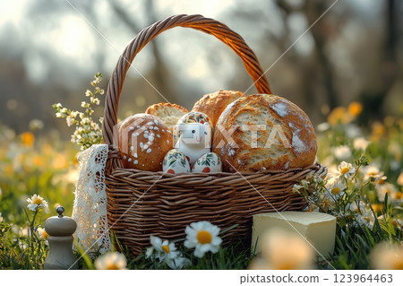 A Charming Basket Filled with Delicious Baked Goods and Surrounded by Colorful Wildflowers 123964463
