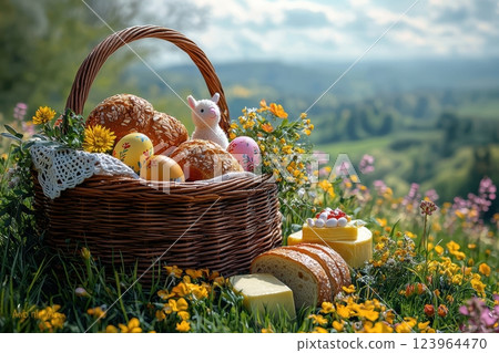 A Brightly Colored Easter Basket Filled with Treats and Surrounded by Gorgeous Wildflowers 123964470