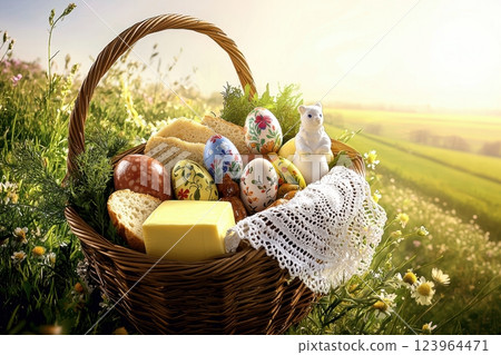 A beautifully colorful Easter Basket placed in a sunny meadow filled with flowers and joy 123964471