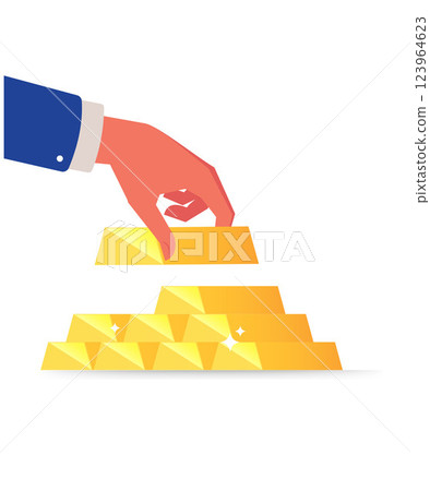Buying gold and investing ingold ingots stacked in the shape of a pyramid in hand stock illustration 123964623