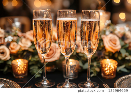 Champagne glasses and candles decorate the gorgeous table 123964669