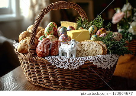 A beautifully colorful Easter Basket filled with delicious treats and vibrant decorations 123964677