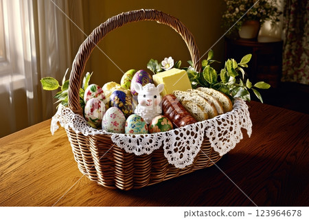 A Beautifully Colorful Easter Basket Filled with Delicious Sweet Treats and Decorations 123964678
