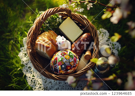 A beautifully arranged Easter picnic basket filled with traditional foods and festive decor A beautifully arranged Easter picnic basket filled with traditional foods and festive decor 123964685