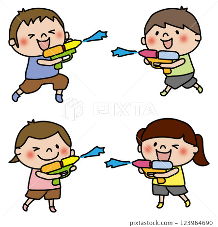 Set of kids playing with water guns Set of kids playing with water guns 123964690