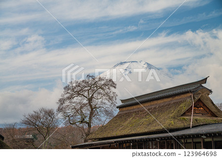 (Yamanashi Prefecture) Oshino Hakkai in autumn; Mount Fuji covered in snow 123964698