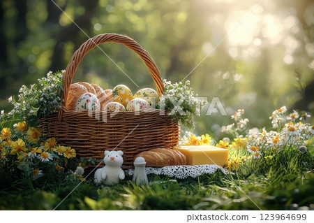 A beautifully arranged Easter Basket filled with Colorful Eggs and delightful Spring Flowers 123964699