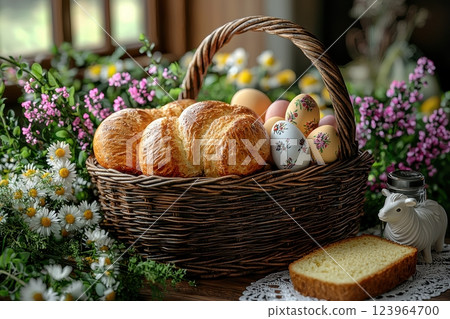 A beautifully arranged Easter Basket filled with artisanal breads and colorful, vibrant eggs 123964700