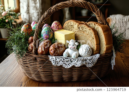A beautiful Easter Basket filled with delicious Eggs, fresh Bread, and a Decorative Lamb figurine 123964719