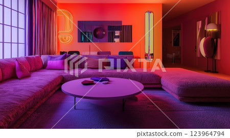 Experience a Vibrant, Modern Living Room that features Stylish Decor and Unique Lighting Experience a Vibrant, Modern Living Room that features Stylish Decor and Unique Lighting 123964794