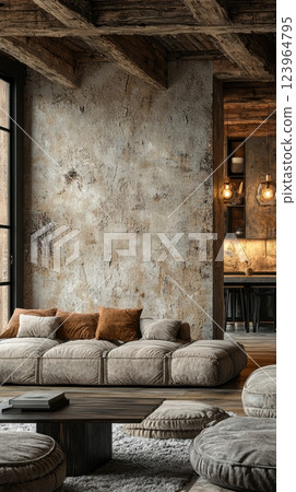 Experience a Cozy Rustic Living Room Filled with Earthy Tones and Beautiful Textures Experience a Cozy Rustic Living Room Filled with Earthy Tones and Beautiful Textures 123964795