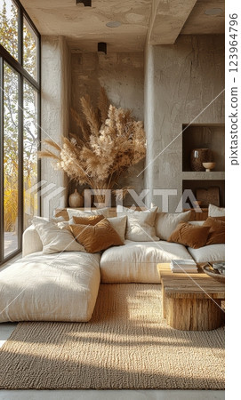 Cozy and Modern Living Room Featuring Attractive Natural Elements for a Relaxing Atmosphere Cozy and Modern Living Room Featuring Attractive Natural Elements for a Relaxing Atmosphere 123964796