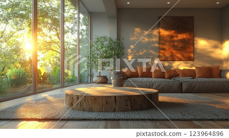 A Modern Living Room Designed to Embrace Natural Light and Feature Cozy Furniture Pieces 123964896