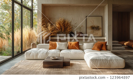 A Modern and Cozy Living Room with an Emphasis on Natural Elements and Warm Tones 123964897