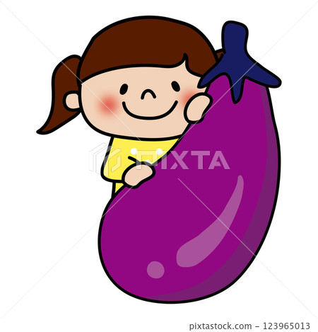 A child (girl) peeking out from behind a large eggplant 123965013