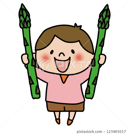 一個孩子(女孩)拿著一根大蘆筍 一個孩子(女孩)拿著一根大蘆筍 123965017