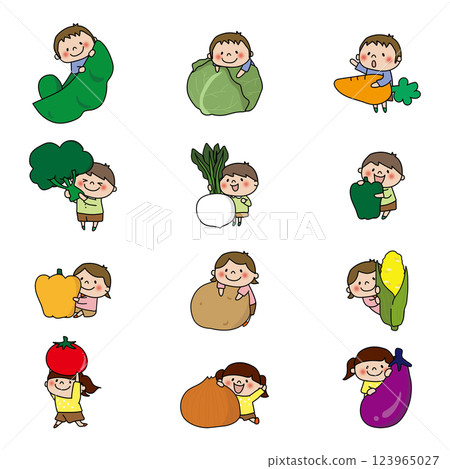 Set of kids holding big vegetables 123965027