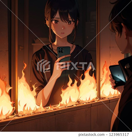 A woman looking at a burning smartphone 123965317