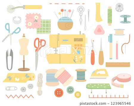 A set of illustrations depicting sewing tools such as a sewing machine, pincushion, and fabric A set of illustrations depicting sewing tools such as a sewing machine, pincushion, and fabric 123965546