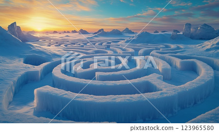 A mysterious maze appears on an ice field illuminated by the morning sun 123965580