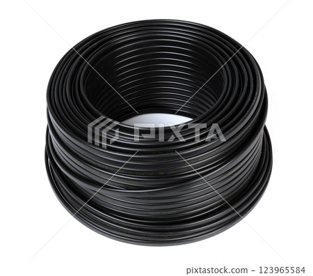 Black plastic cable coil, ideal for electrical or industrial use, isolated on a white background. 123965584