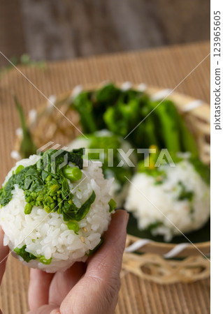 手裡拿著蘿蔔飯糰 手裡拿著蘿蔔飯糰 123965605